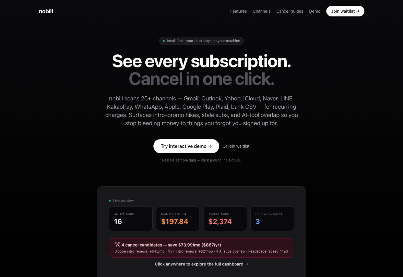 nobill landing page, local-first subscription tracker